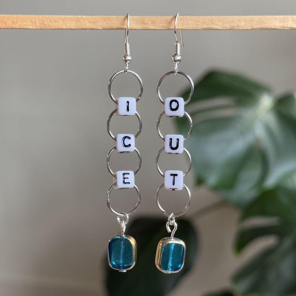 handmade "ice out" earrings with dangling aqua blue glass beads & silver accents